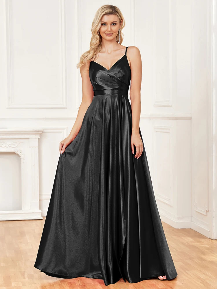 V-Neck Satin Sleeveless Blue Formal Evening Dress | XUIBOL