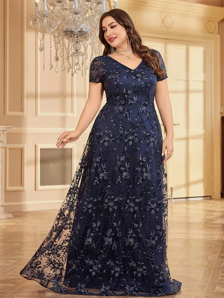 Plus Size Elegant Flower V-Neck Evening Dress | XUIBOL