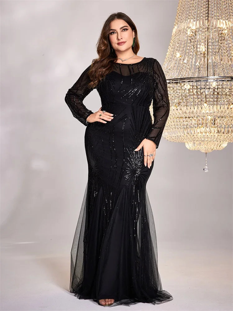Plus Size Elegant Long Sleeves Sequin Evening Dresses | XUIBOL