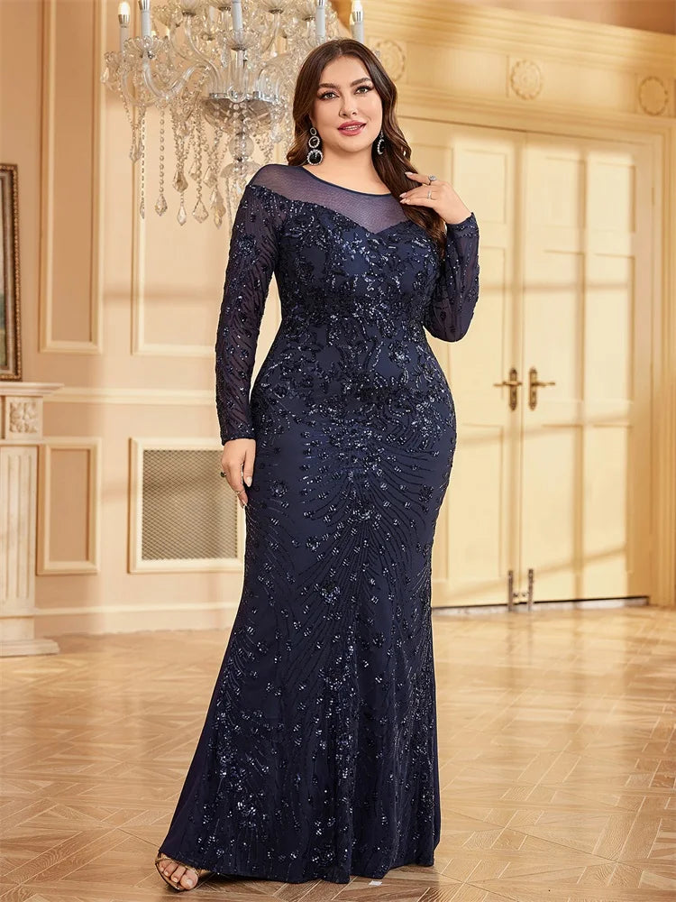 Plus Size Elegant Sequins O-Neck Evening Dress | XUIBOL