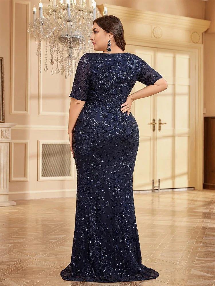 Plus Size Elegant Vneck Sequins Evening Dress | XUIBOL