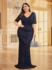 Plus Size Elegant Vneck Sequins Evening Dress