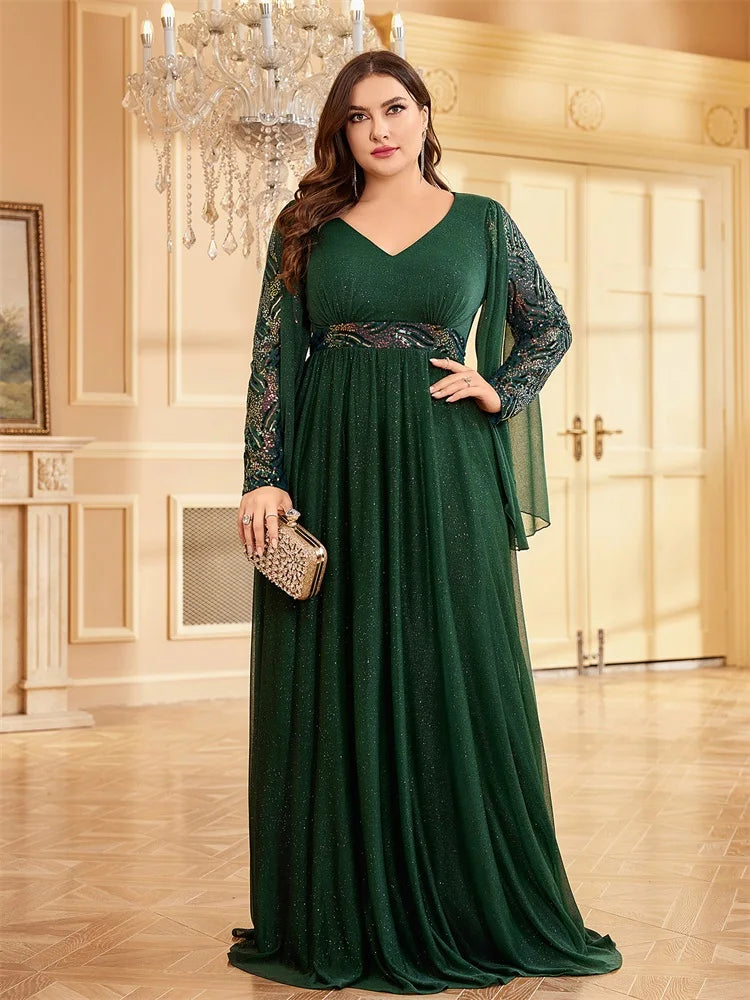 Plus Size Long Sleeves Sequin Floor Length Green Evening Dress | XUIBOL