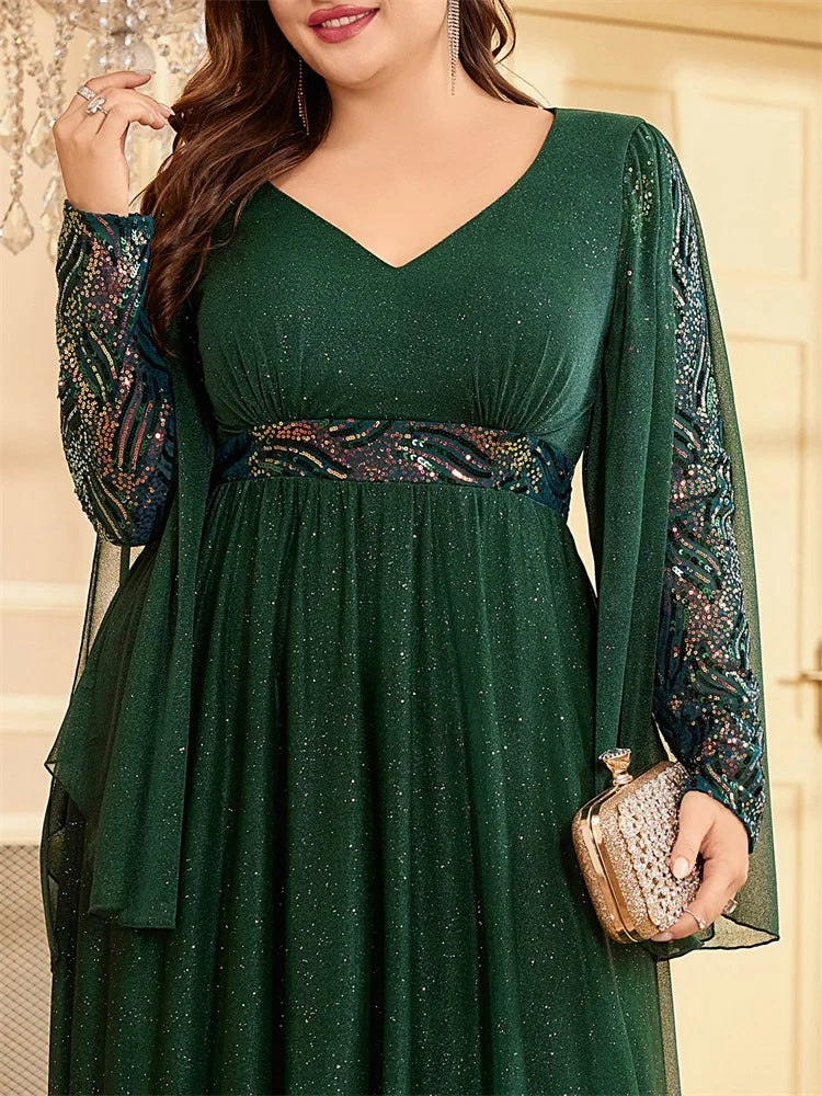 Plus Size Long Sleeves Sequin Floor Length Green Evening Dress | XUIBOL