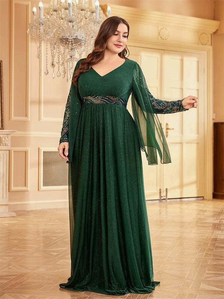 Plus Size Long Sleeves Sequin Floor Length Green Evening Dress | XUIBOL