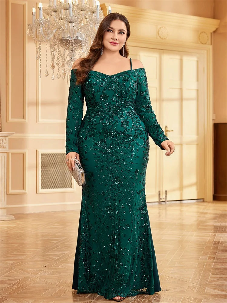 Plus Size Luxury Off-shoulder Green Sequin Evening Dress | XUIBOL
