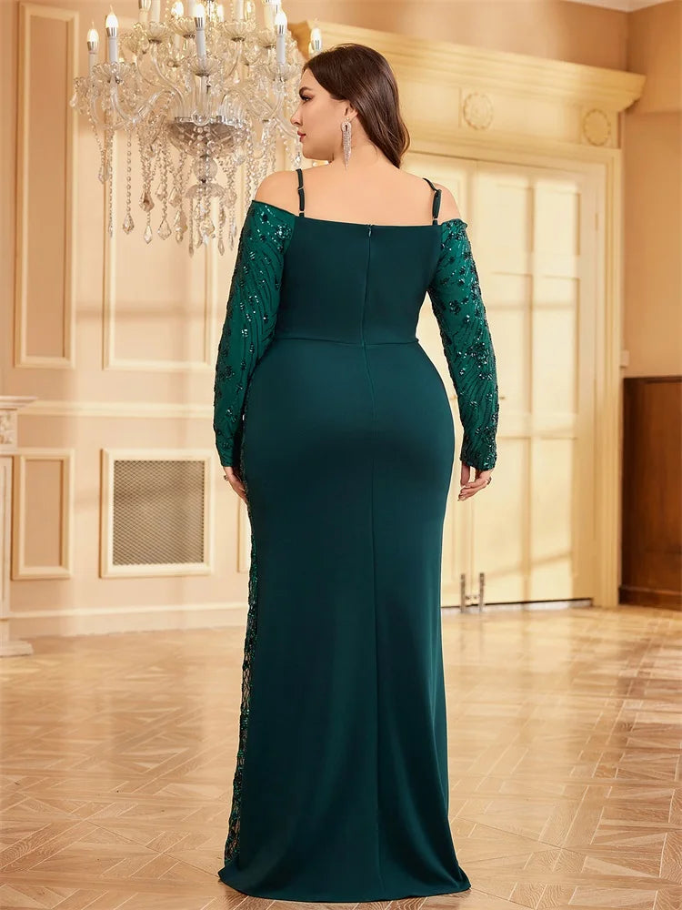 Plus Size Luxury Off-shoulder Green Sequin Evening Dress | XUIBOL