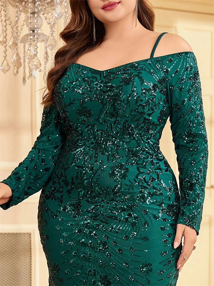 Plus Size Luxury Off-shoulder Green Sequin Evening Dress | XUIBOL