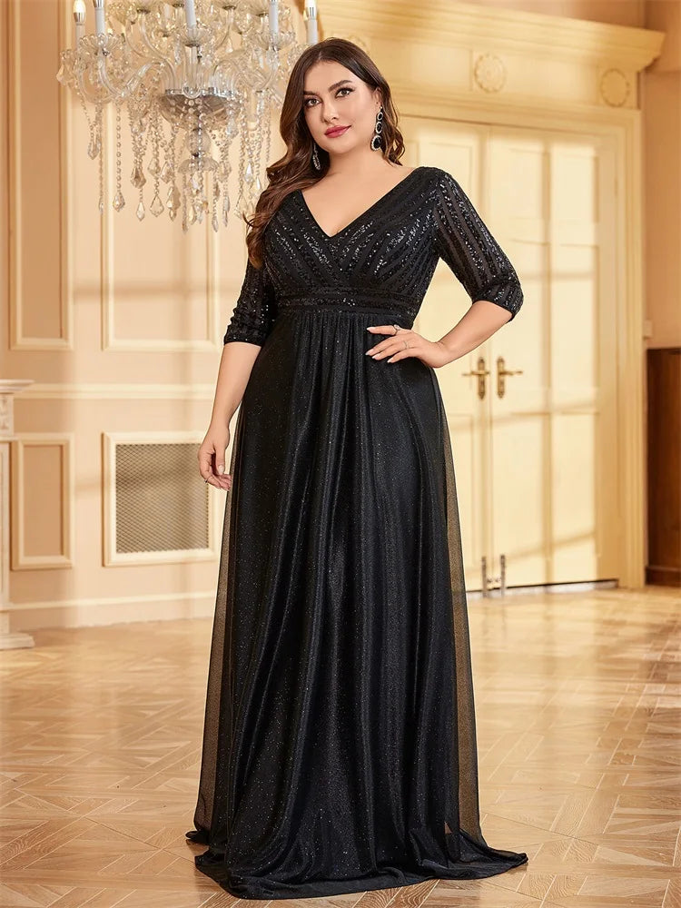 Plus Size Luxury Prom Dress Long V Neck A-Line Sequin With 3/4 Sleeve Blue Bridesmaid dress | XUIBOL