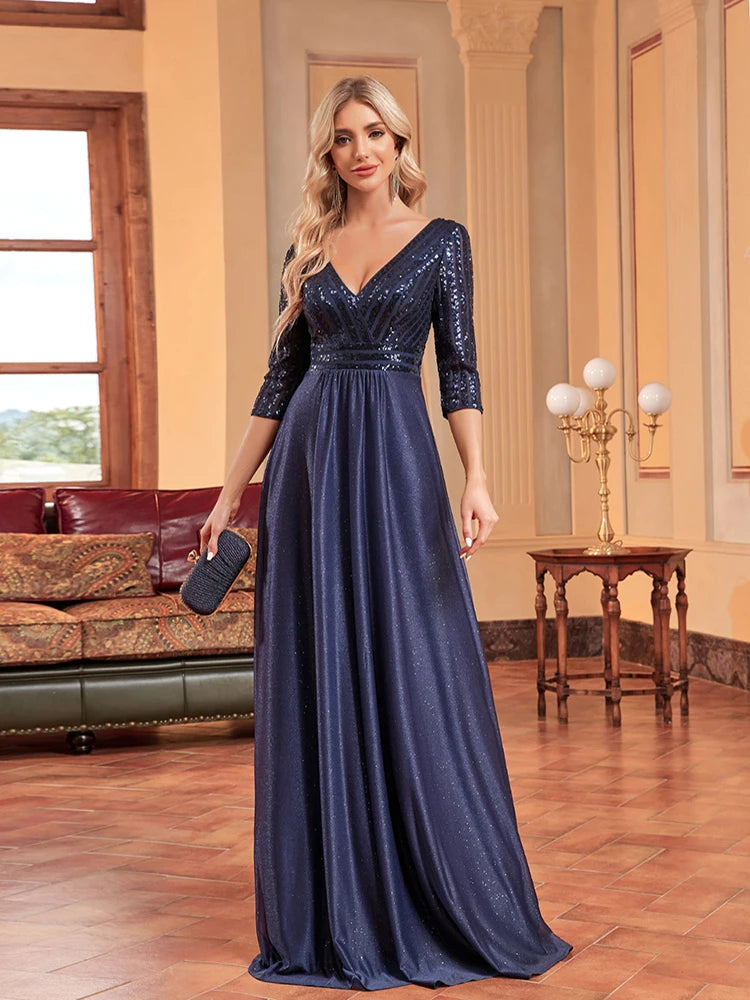 Plus Size Luxury Prom Dress Long V Neck A-Line Sequin With 3/4 Sleeve Blue Bridesmaid dress | XUIBOL