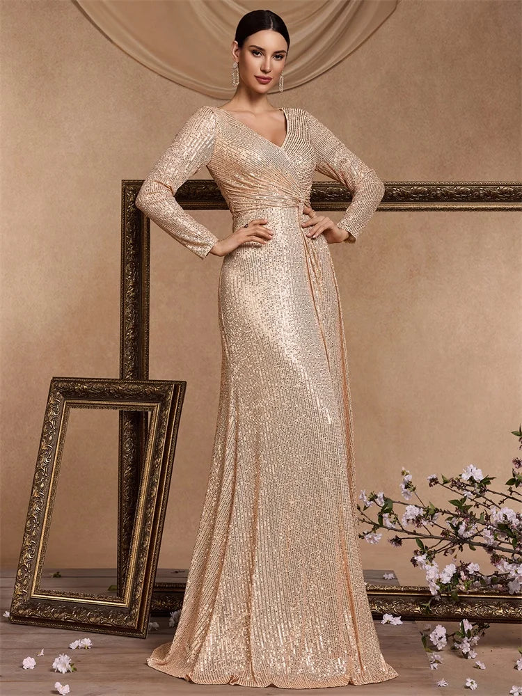 XUIBOL Luxury Long Sleeve V-Neck Evening Dress Women Wedding Party Sequins For Female Guests Red Prom Cocktail Dresses