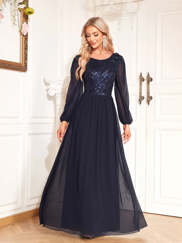 Mesh Long Sleeve Navy Blue Long Dress Floral Sequin Luxury Arabic Elegant Evening Dresses Women Formal Occasion Gown