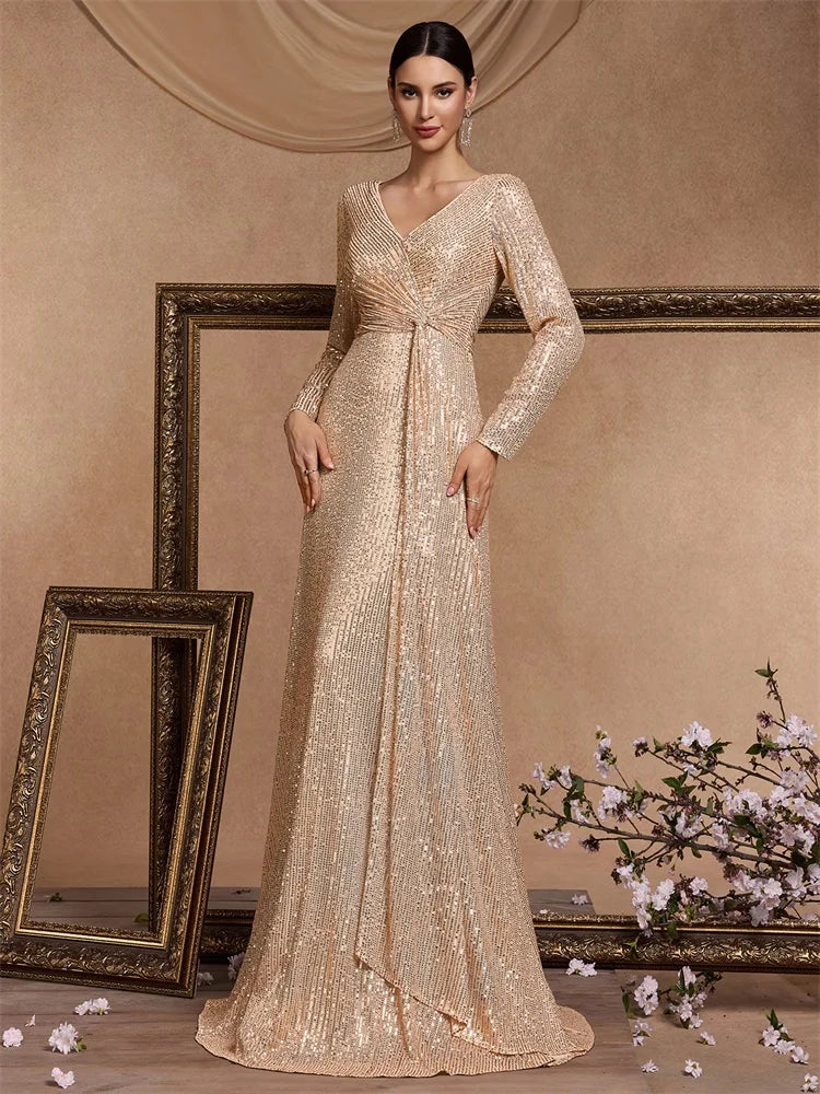 XUIBOL Luxury Long Sleeve V-Neck Evening Dress Women Wedding Party Sequins For Female Guests Red Prom Cocktail Dresses