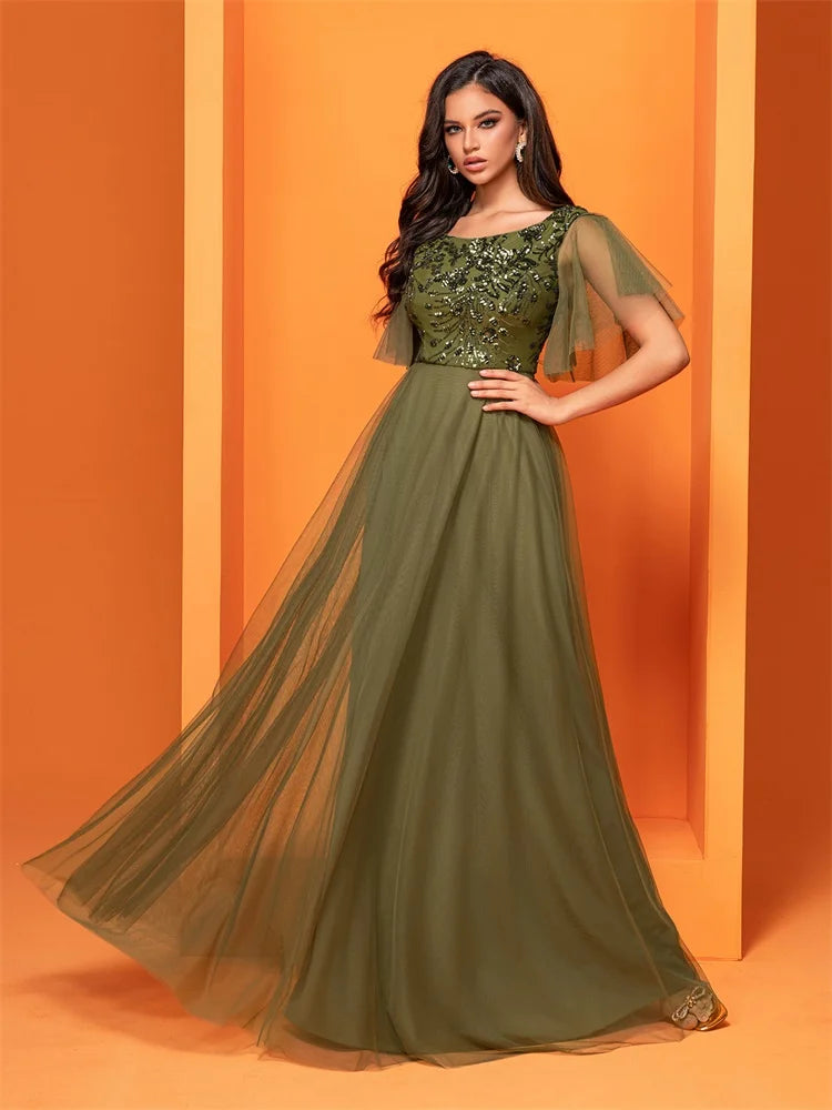 XUIBOL Luxury Green Sequins Formal Evening Dress Women Elegant O-Neck Mermaid Prom Dress Short Sleeves Long Gowns