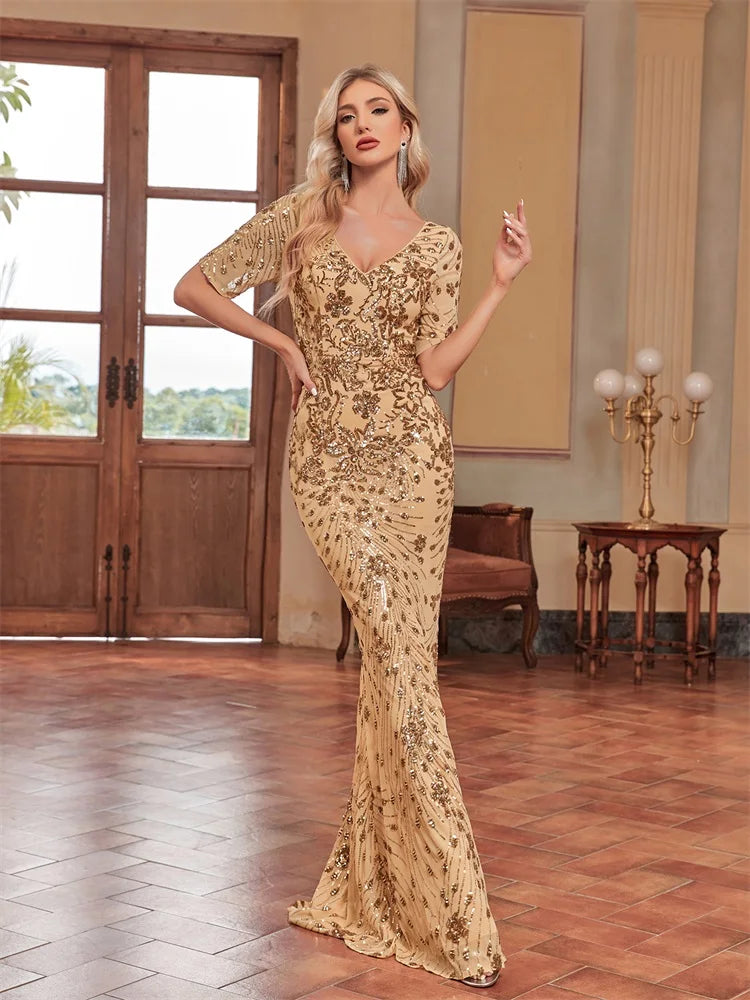 Plus Size Elegant Vneck Sequins Evening Dress | XUIBOL