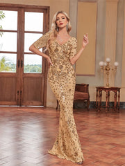 Plus Size Elegant Vneck Sequins Evening Dress