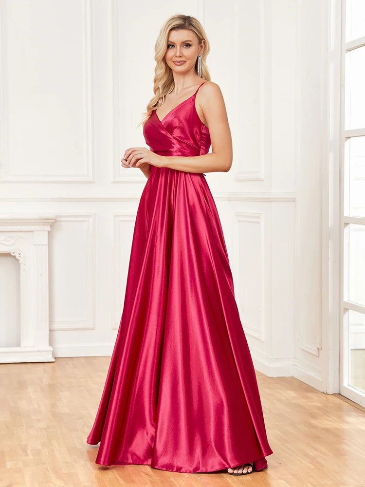 V-Neck Satin Sleeveless Blue Formal Evening Dress | XUIBOL