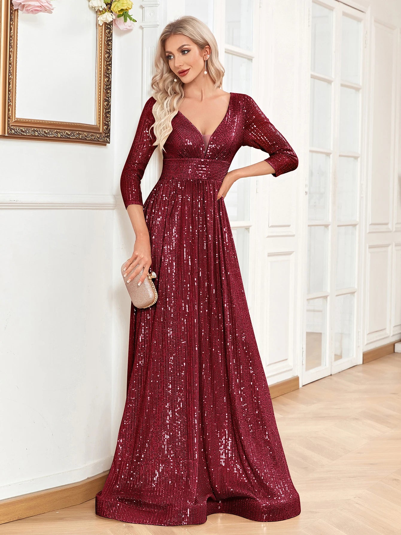 XUIBOL Elegant Sexy Deep V-Neck Sequins Evening Dress Luxury Women Long Sleeves Dress Wedding Party Cocktail Gown Gold Prom