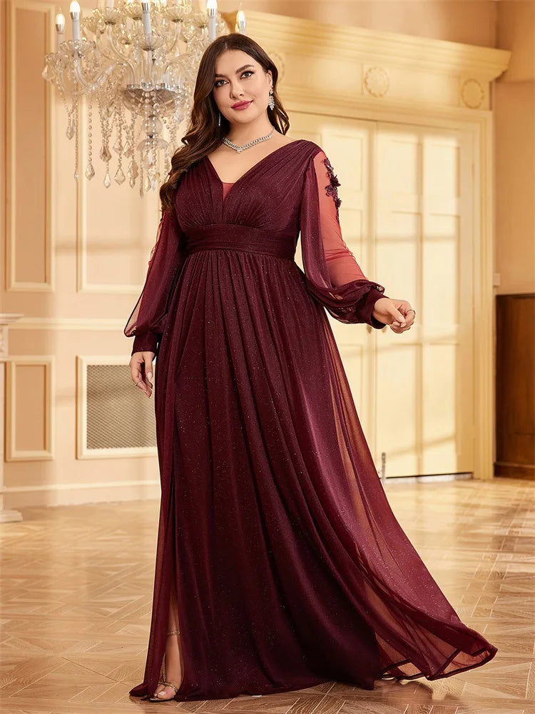Plus Size Long Sleeves Sparkle Bling Bling Floor Length Split Evening Dress | XUIBOL