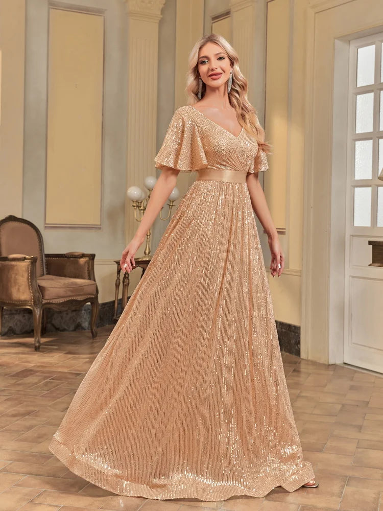 Plus Size Luxury V-Neck Short Sleeves Formal Evening Dress | XUIBOL