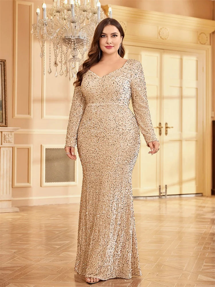 Plus Size Gold Stretch Sequin Floor Length Evening Dress | XUIBOL