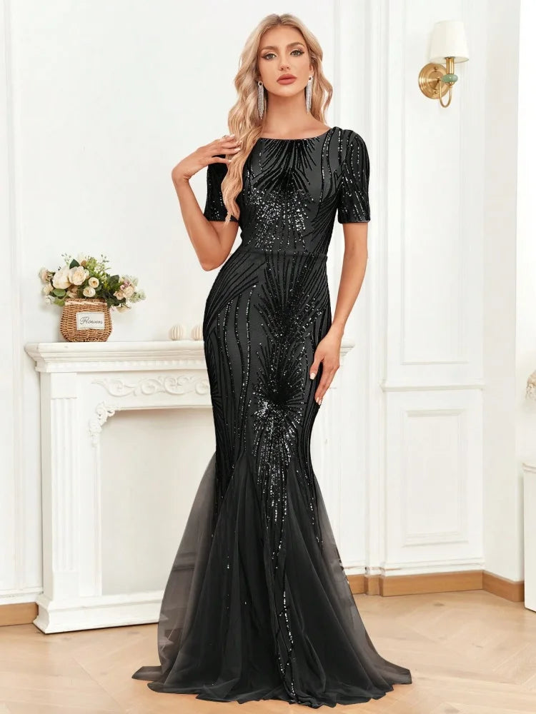 XUIBOL | Elegant Short Sleeves Sequins Gold Formal Evening Dress Women  Luxury Mermaid Bridesmaid Party Maxi Prom Gowns