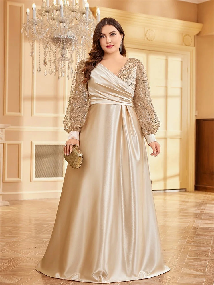 Plus Size Luxury Gold Sequin V-Neck Evening Dress | XUIBOL
