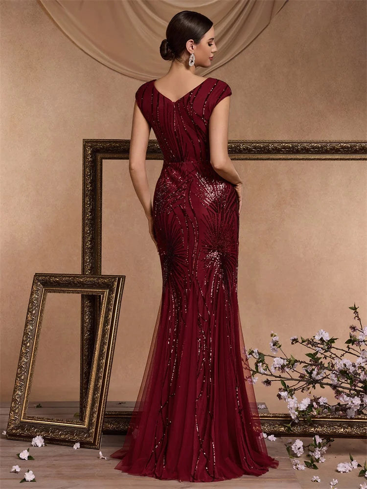 XUIBOL Luxury Sequin Prom Dress Women Elegant Sleeveless Bodycon Red Mermaid Evening Party Floor-length Dress Cocktail Gown
