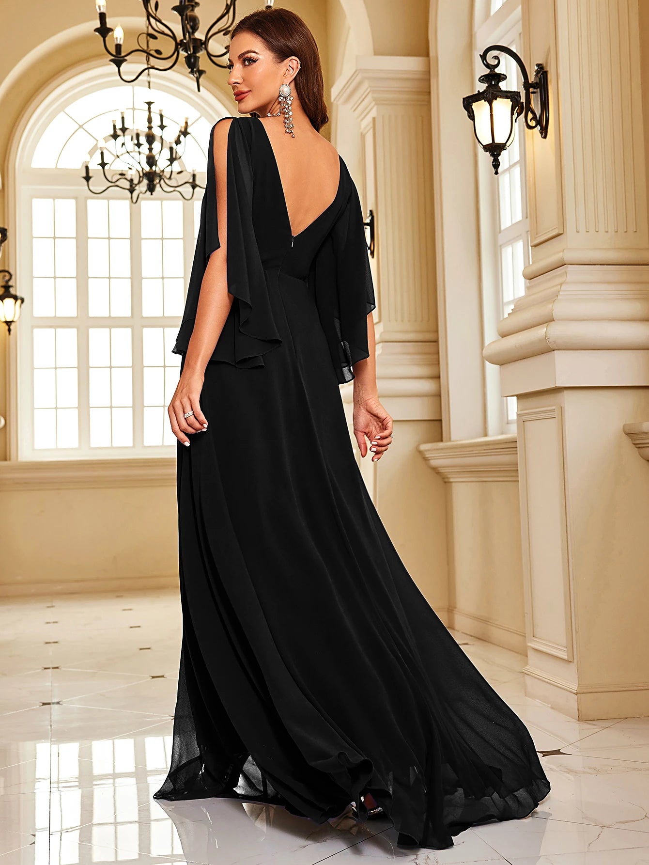 Chiffon Long Sleeve Navy Evening Dress Sexy High Split Women Dress | XUIBOL
