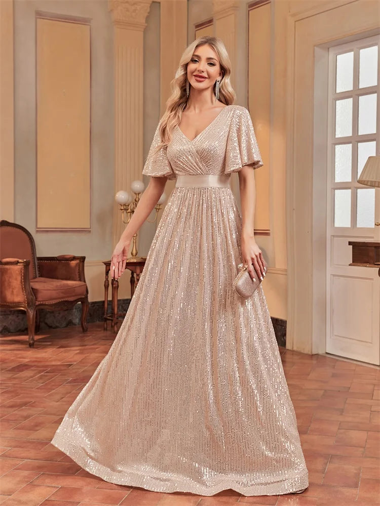 Plus Size Luxury V-Neck Short Sleeves Formal Evening Dress | XUIBOL