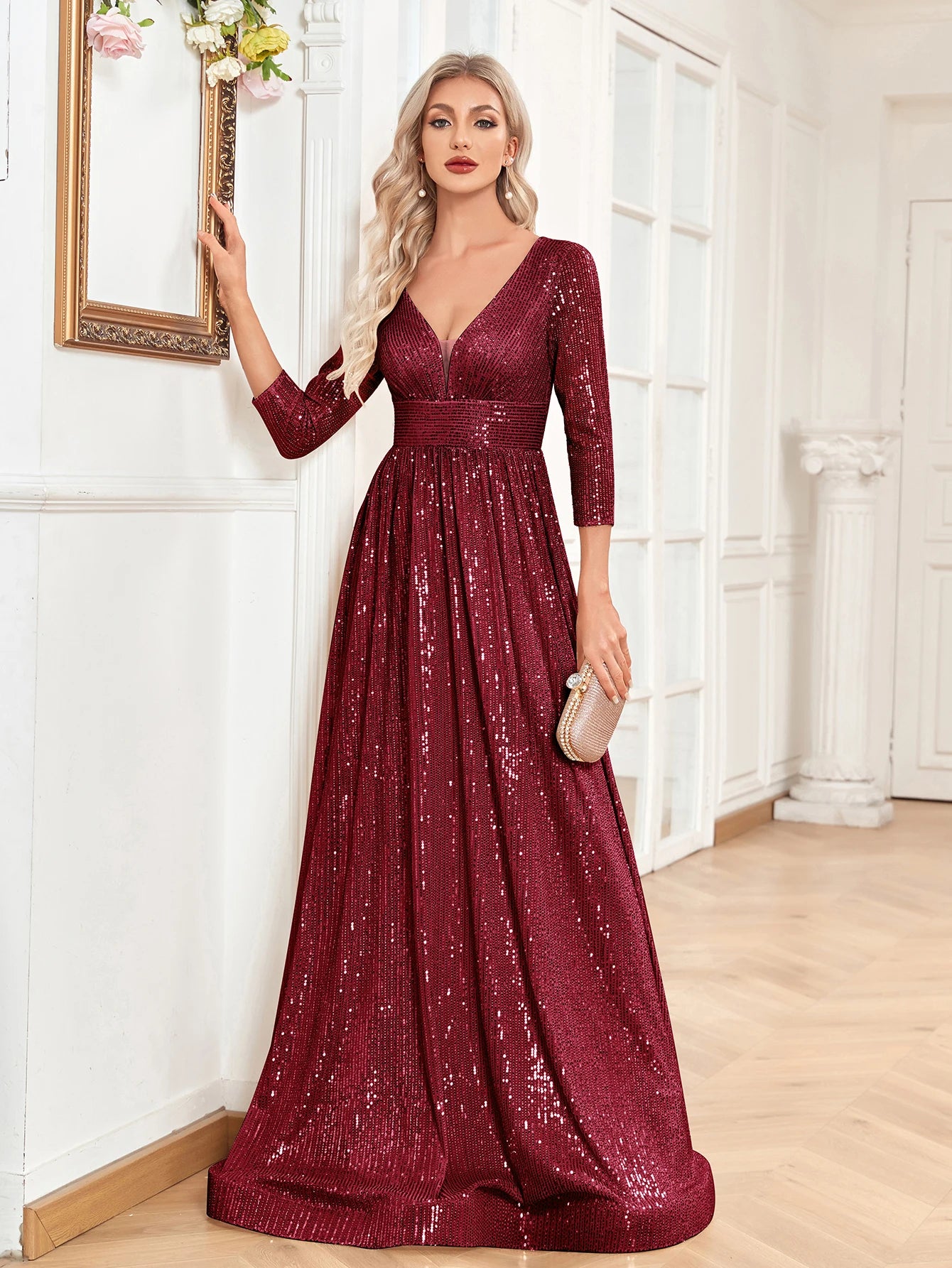 XUIBOL Elegant Sexy Deep V-Neck Sequins Evening Dress Luxury Women Long Sleeves Dress Wedding Party Cocktail Gown Gold Prom