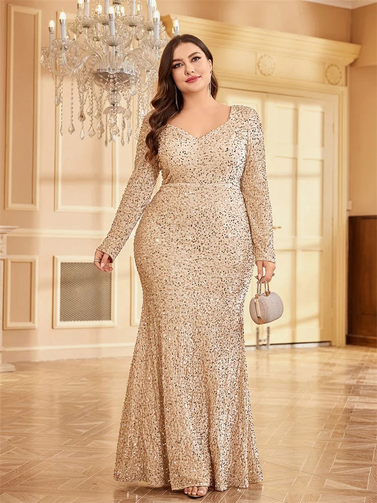 Plus Size Gold Stretch Sequin Floor Length Evening Dress | XUIBOL