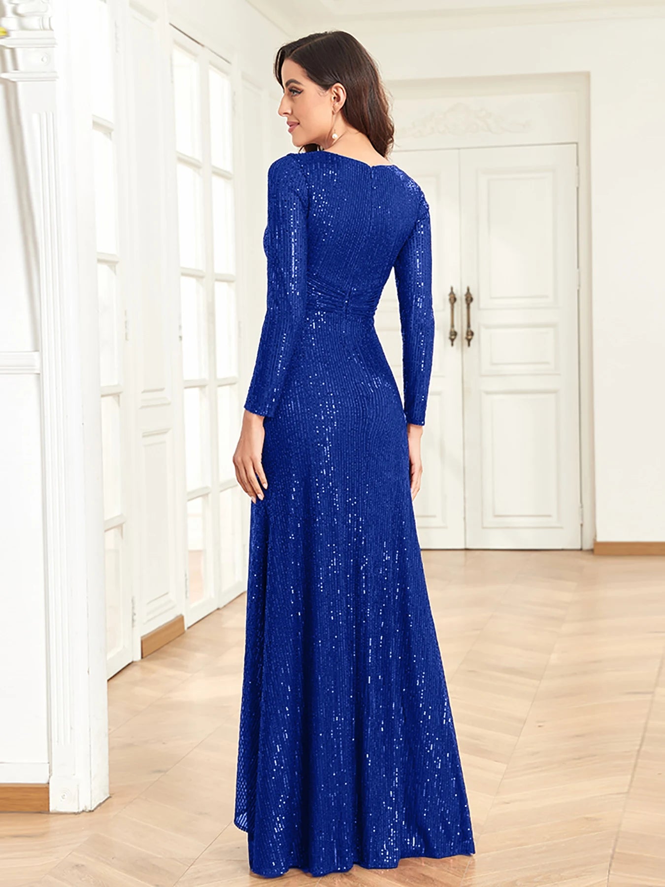 XUIBOL Luxury Long Sleeve V-Neck Evening Dress Women Wedding Party Sequins For Female Guests Red Prom Cocktail Dresses