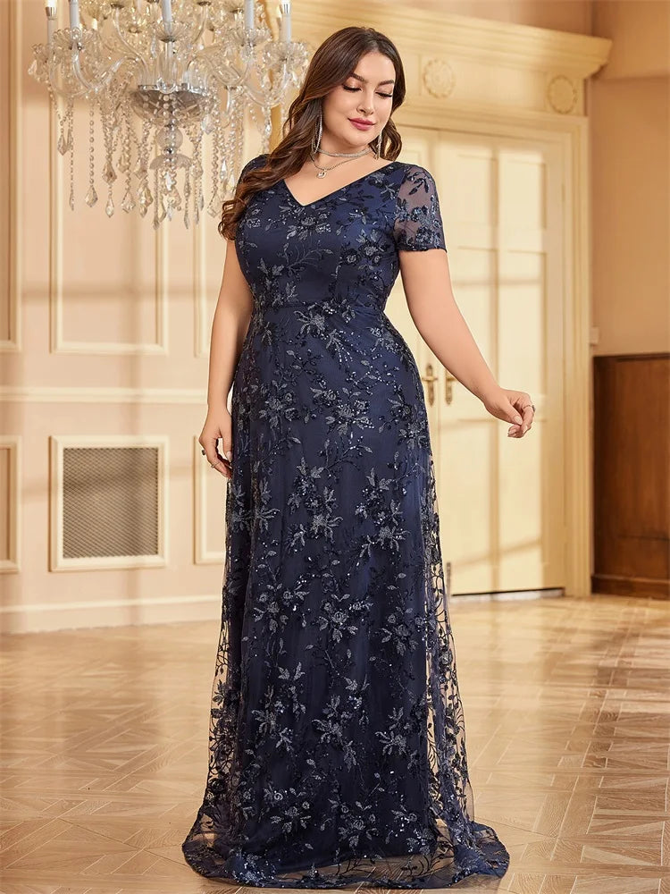 Plus Size Elegant Flower V-Neck Evening Dress | XUIBOL