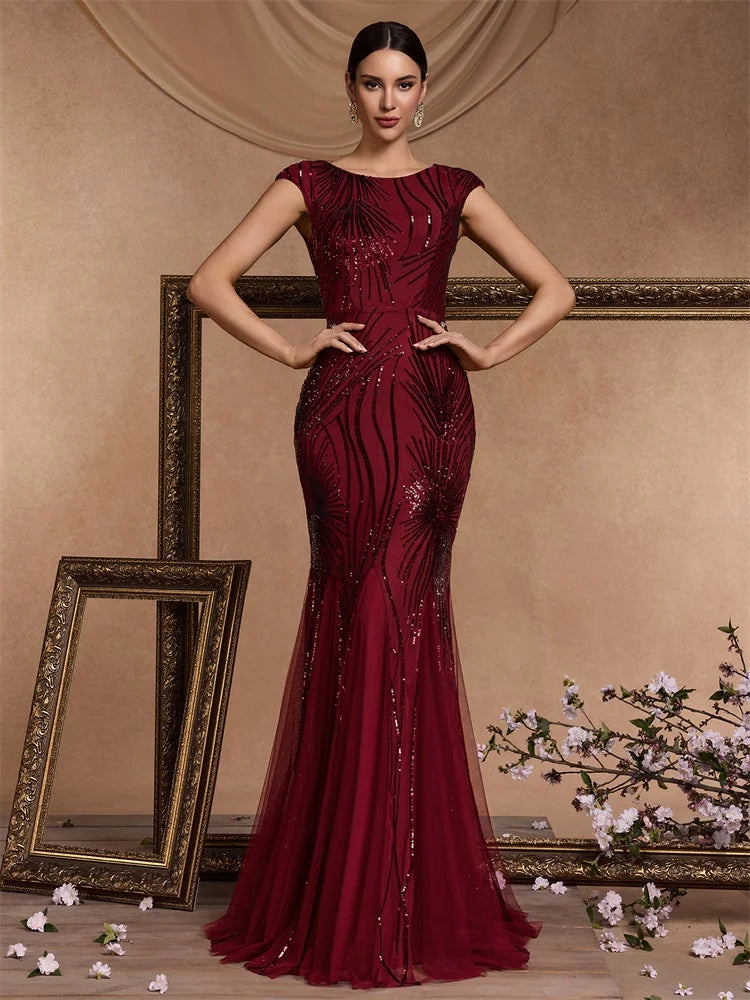 XUIBOL Luxury Sequin Prom Dress Women Elegant Sleeveless Bodycon Red Mermaid Evening Party Floor-length Dress Cocktail Gown