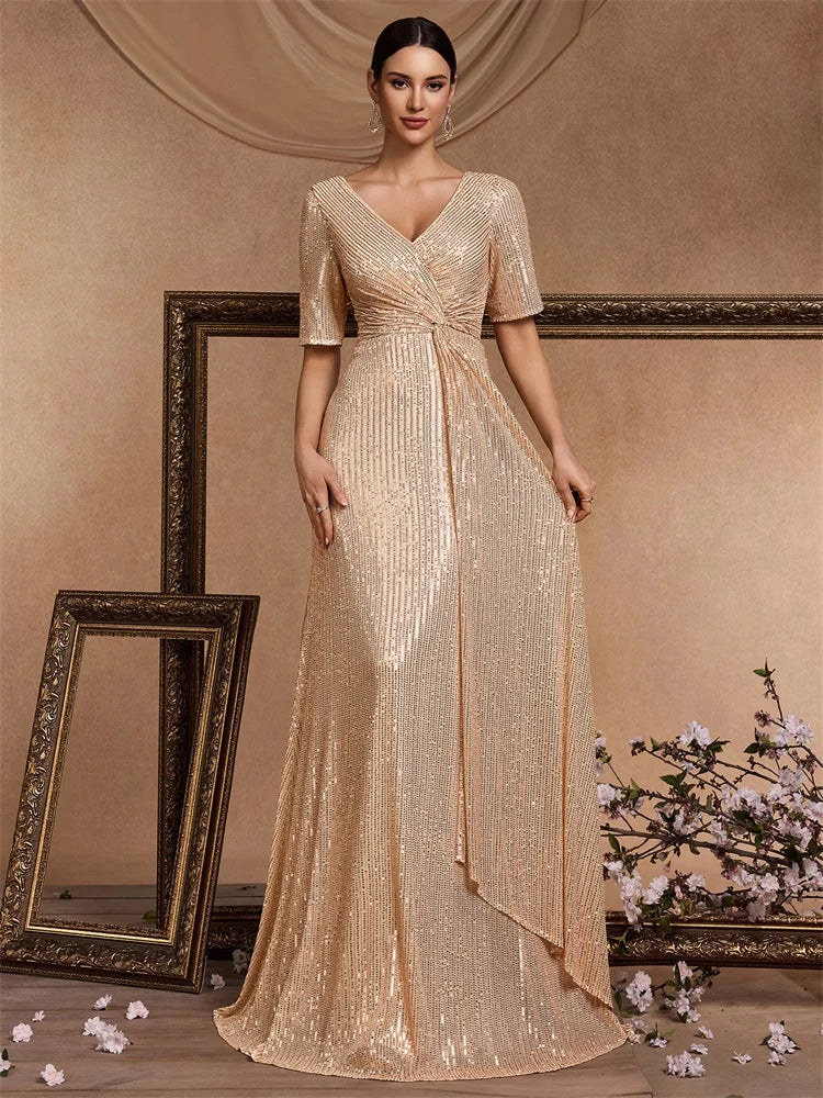 XUIBOL Luxury Floor Length Short Sleeves V-Neck Sequin Evening Dress Women Party Maxi Dress Long Formal Prom Cocktail Dress