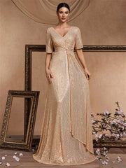 Short Sleeves V-Neck Sequin Evening Dress