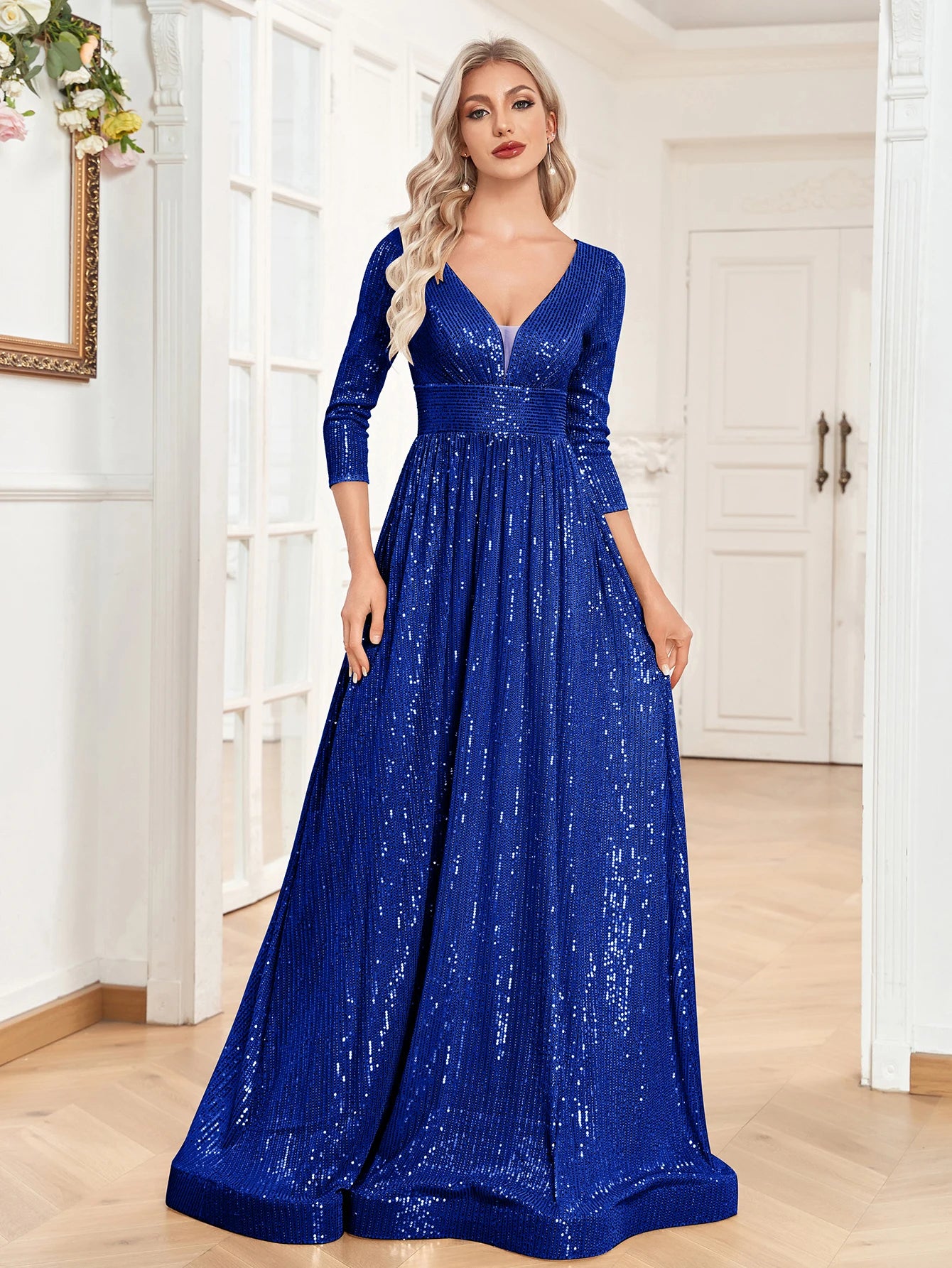 XUIBOL Elegant Sexy Deep V-Neck Sequins Evening Dress Luxury Women Long Sleeves Dress Wedding Party Cocktail Gown Gold Prom