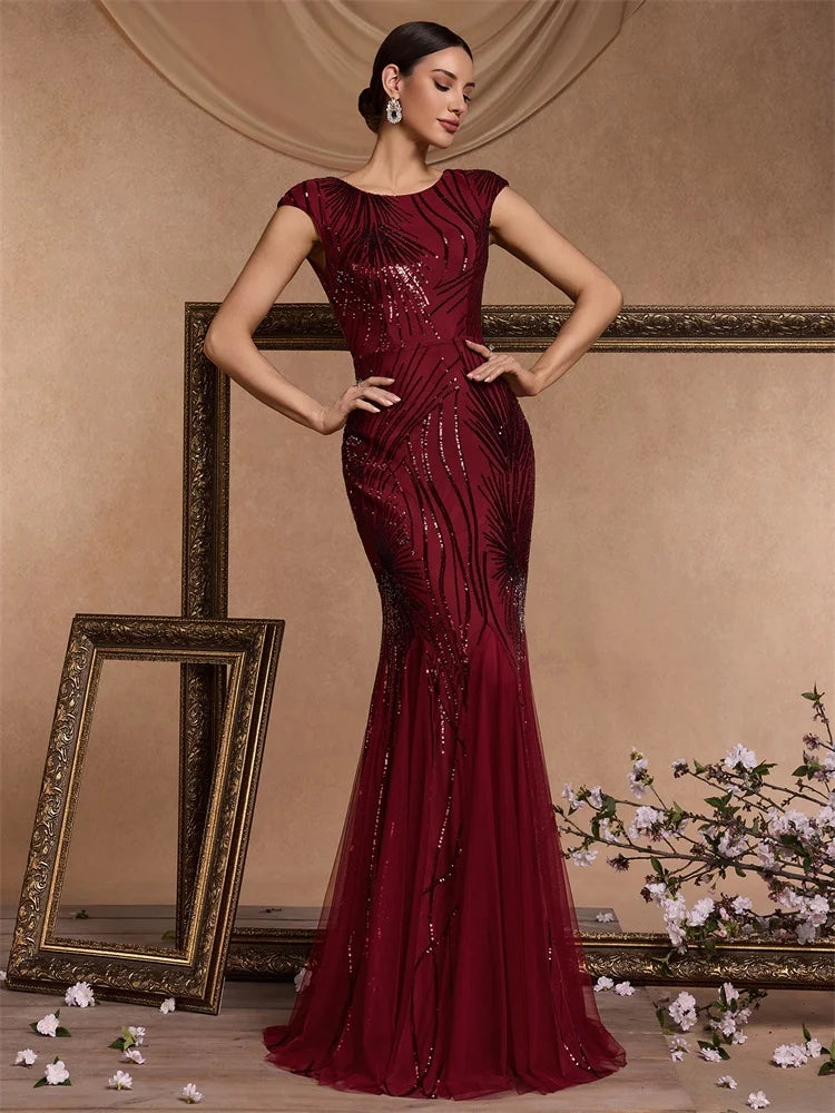 XUIBOL Luxury Sequin Prom Dress Women Elegant Sleeveless Bodycon Red Mermaid Evening Party Floor-length Dress Cocktail Gown