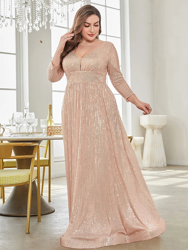 Plus Size Luxury V-Neck Long Sleeves Sequins Evening Dress | XUIBOL