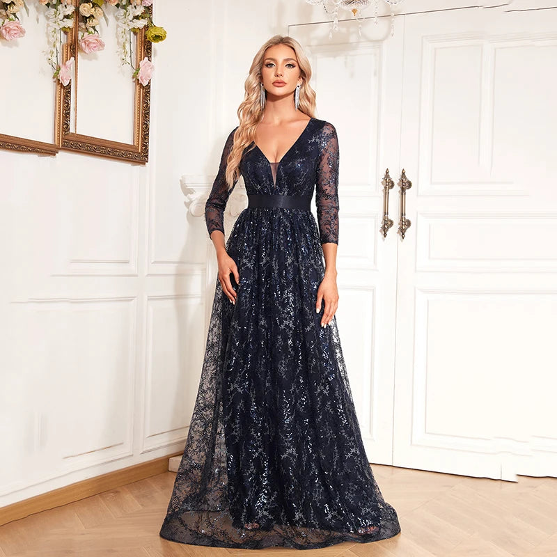 Sequin Flower Maxi Dress Women Embroidery Sweep Train | XUIBOL