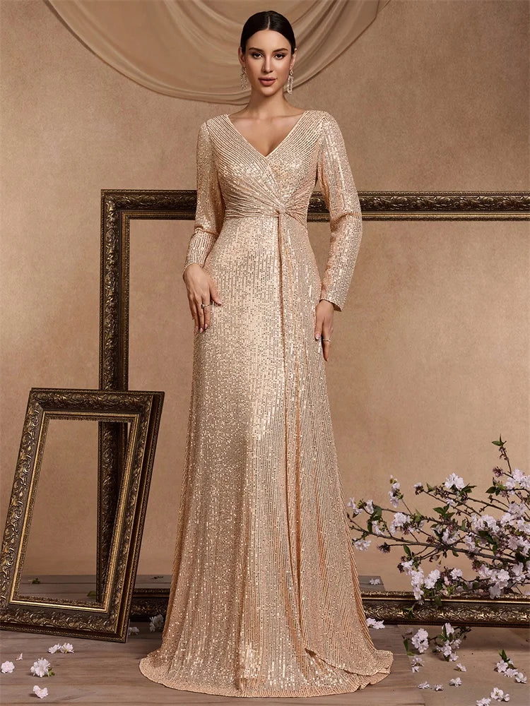 XUIBOL Luxury Long Sleeve V-Neck Evening Dress Women Wedding Party Sequins For Female Guests Red Prom Cocktail Dresses
