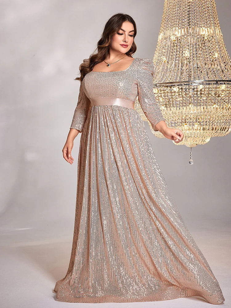Plus Size Luxury Blue V-Neck Long sleeve Sequin Evening Dresses | XUIBOL