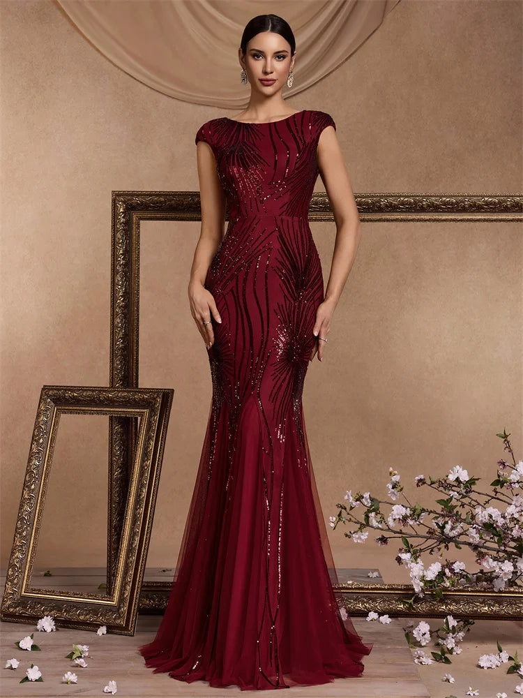 XUIBOL Luxury Sequin Prom Dress Women Elegant Sleeveless Bodycon Red Mermaid Evening Party Floor-length Dress Cocktail Gown