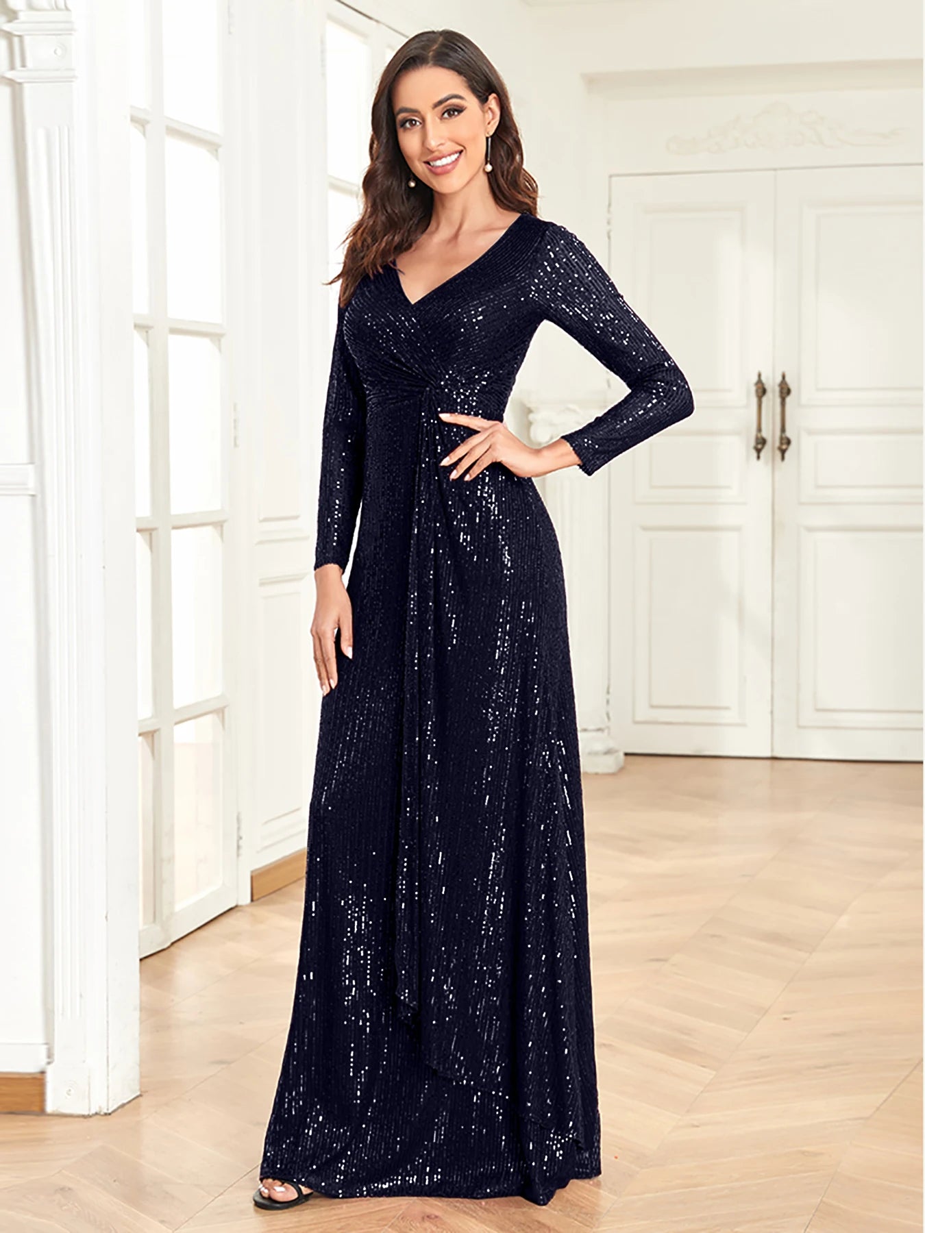 XUIBOL Luxury Long Sleeve V-Neck Evening Dress Women Wedding Party Sequins For Female Guests Red Prom Cocktail Dresses