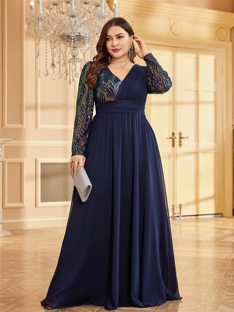 Plus Size Luxury Chiffon Long Sleeve Evening Dresses | XUIBOL