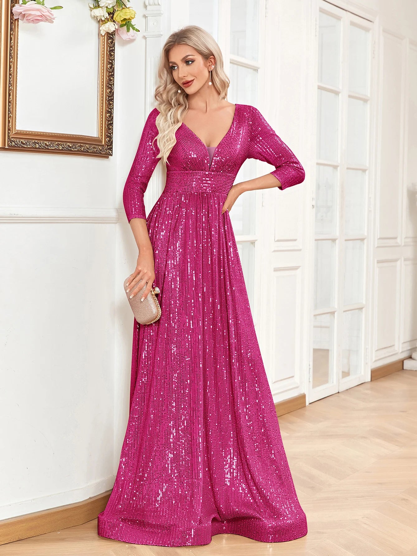 XUIBOL Elegant Sexy Deep V-Neck Sequins Evening Dress Luxury Women Long Sleeves Dress Wedding Party Cocktail Gown Gold Prom