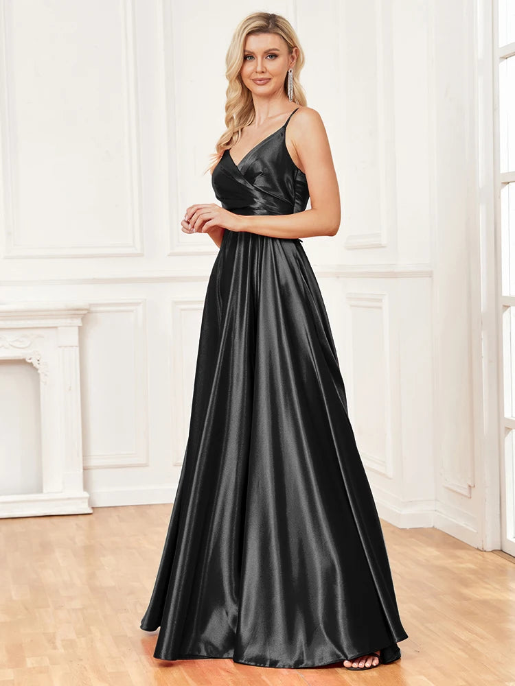 V-Neck Satin Sleeveless Blue Formal Evening Dress | XUIBOL