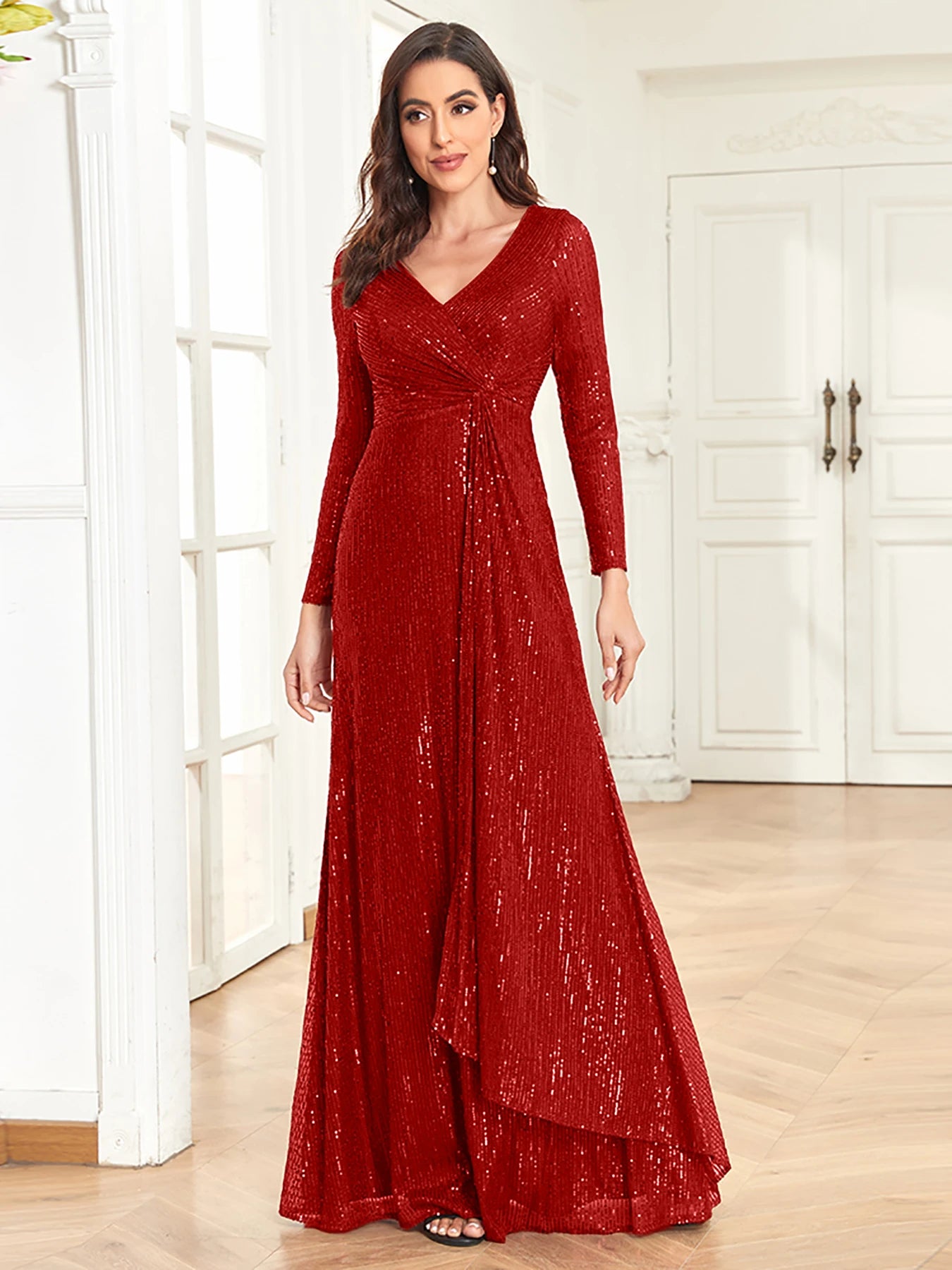 XUIBOL Luxury Long Sleeve V-Neck Evening Dress Women Wedding Party Sequins For Female Guests Red Prom Cocktail Dresses