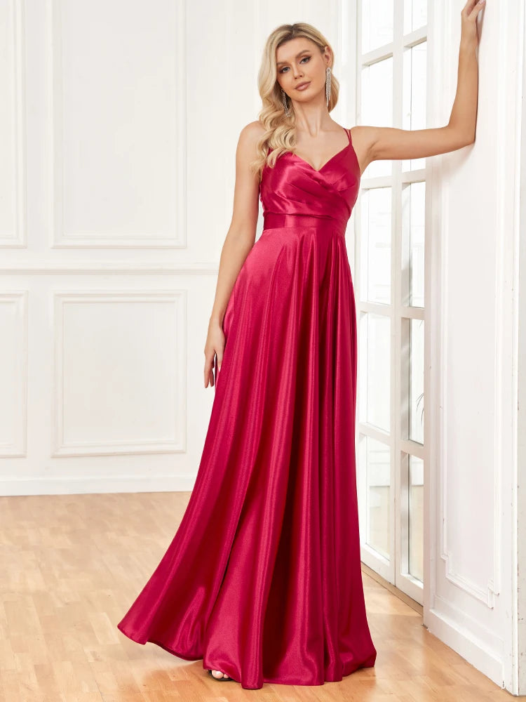 V-Neck Satin Sleeveless Blue Formal Evening Dress | XUIBOL